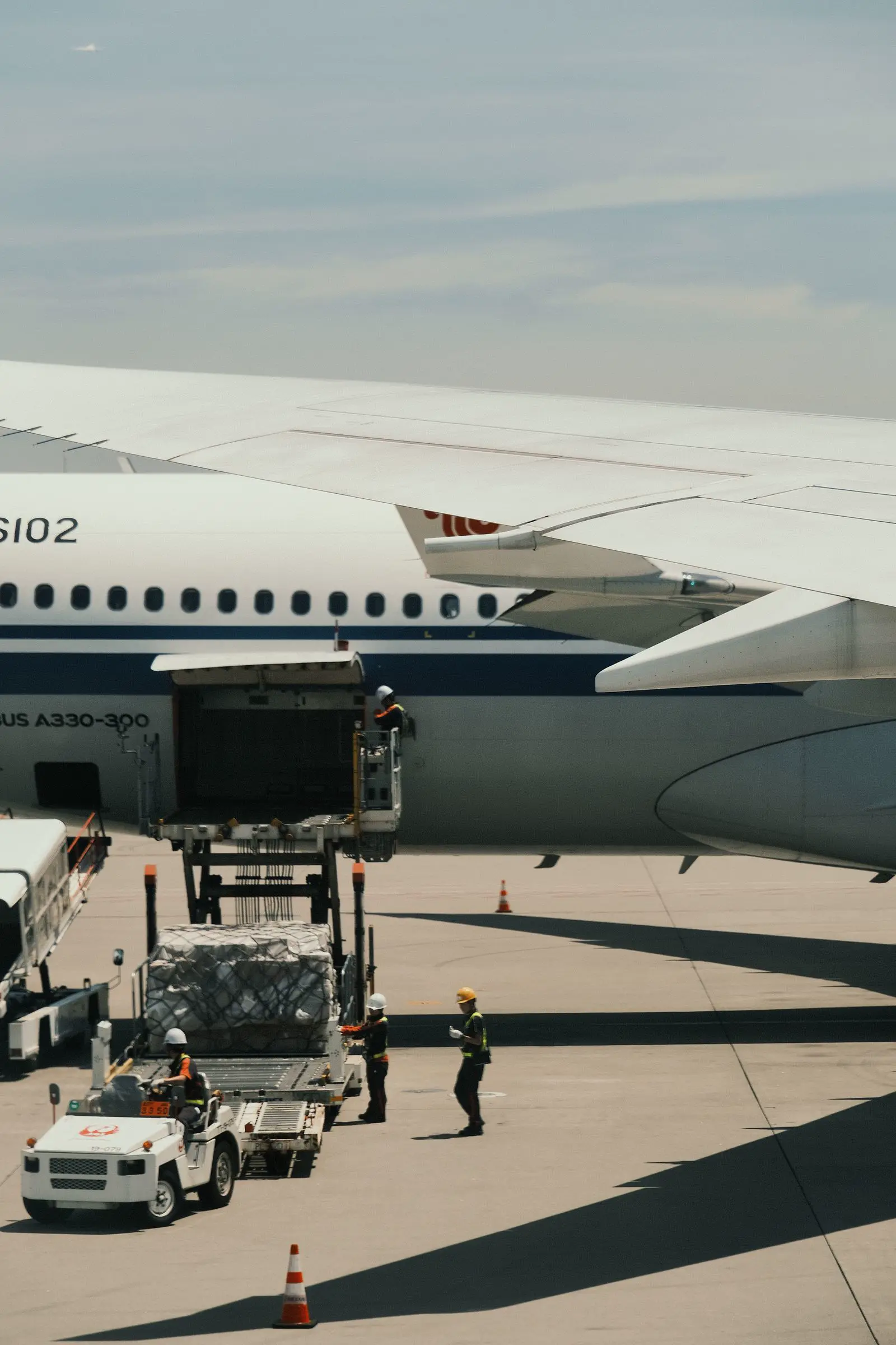 Cargo being loaded into the hold of a passenger aircraft